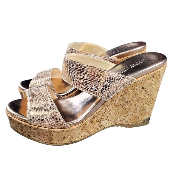 Jimmy Choo Metallic Beige Python Print Suede Parker Cork Wedge Sandals Size 37.5 - Picture 1 of 7